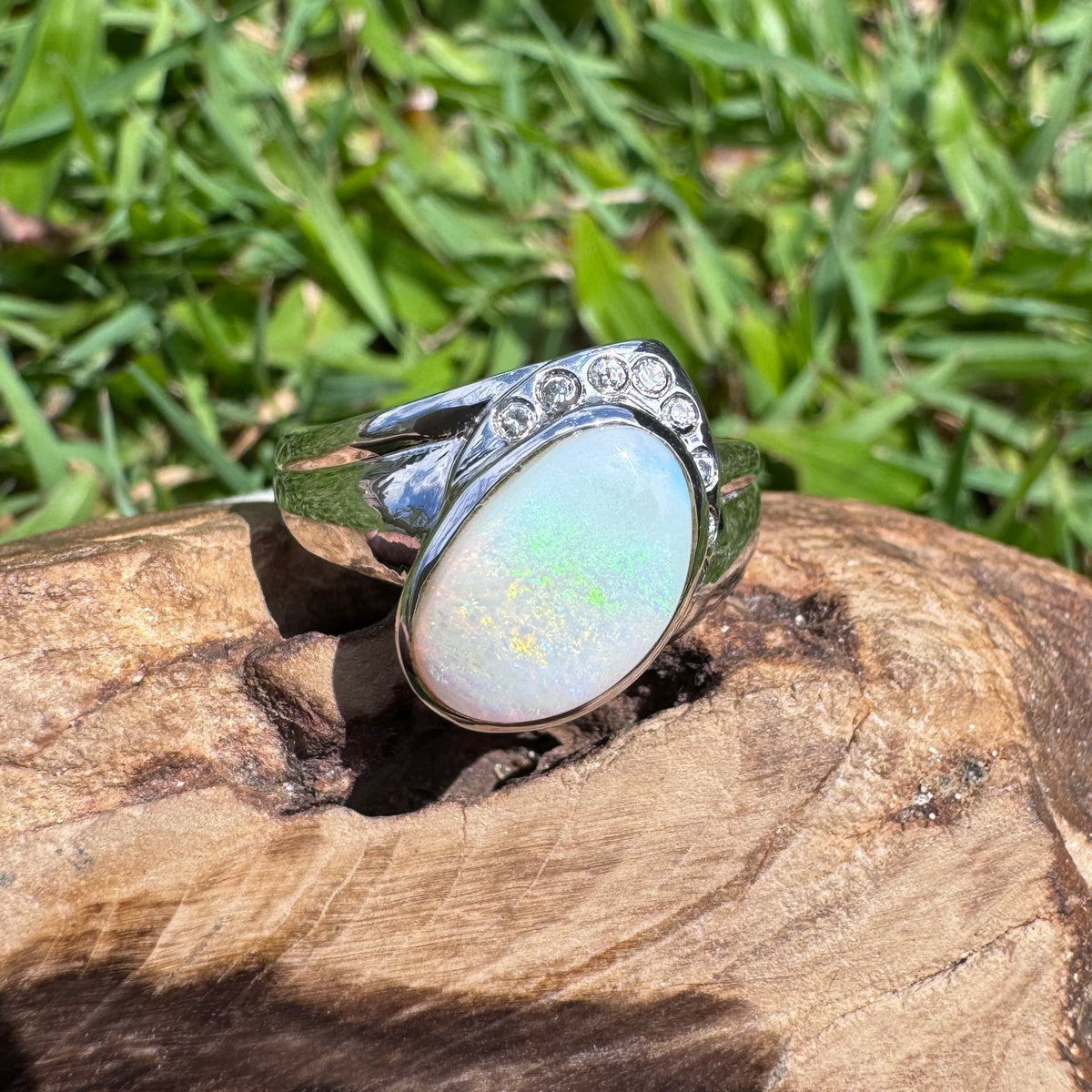 2.5ct Coober Pedy Opal & Cubic Zirconia Ring ~ 'Mount Field Greens' | 925 Sterling Silver | Solid Australian Opal