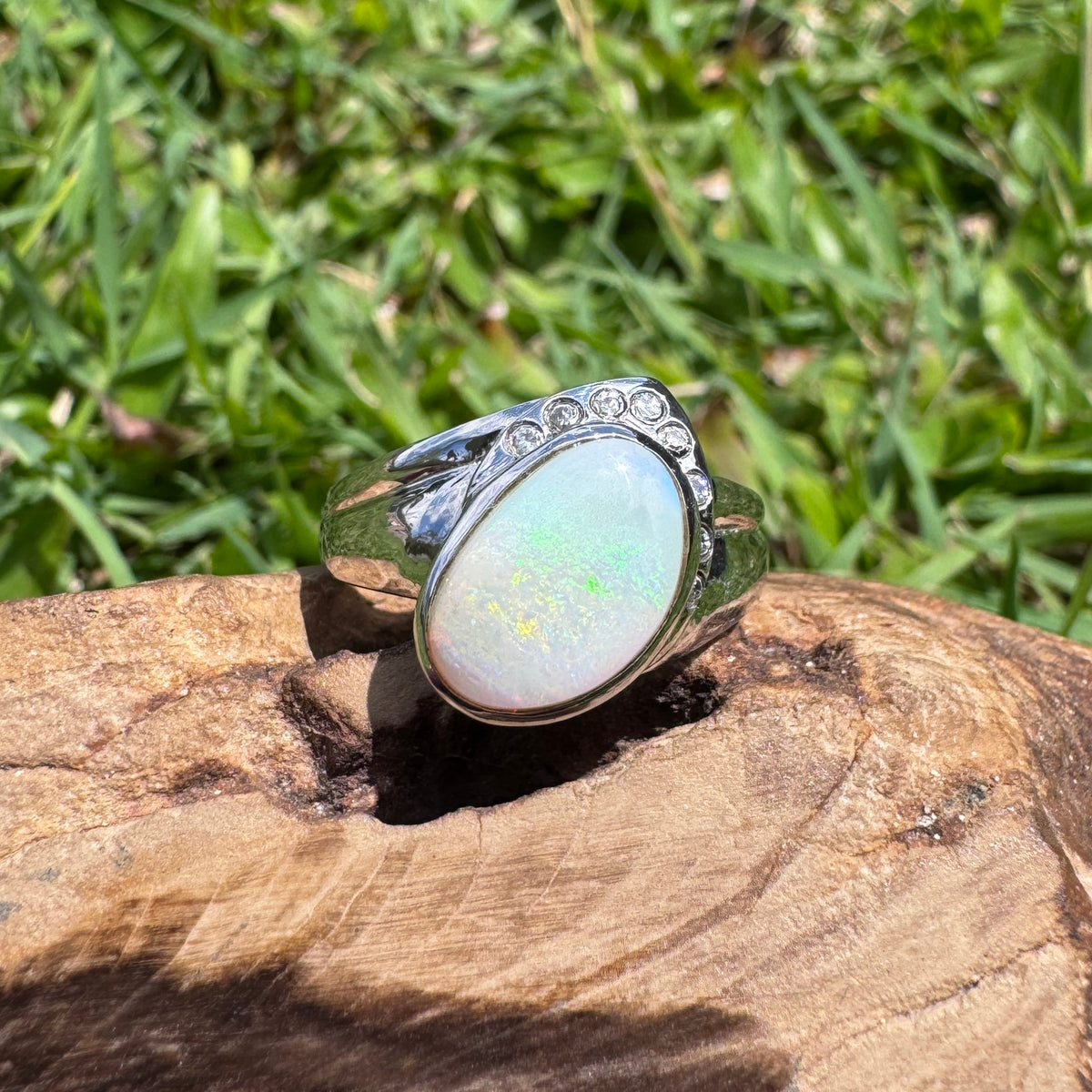 2.5ct Coober Pedy Opal & Cubic Zirconia Ring ~ 'Mount Field Greens' | 925 Sterling Silver | Solid Australian Opal