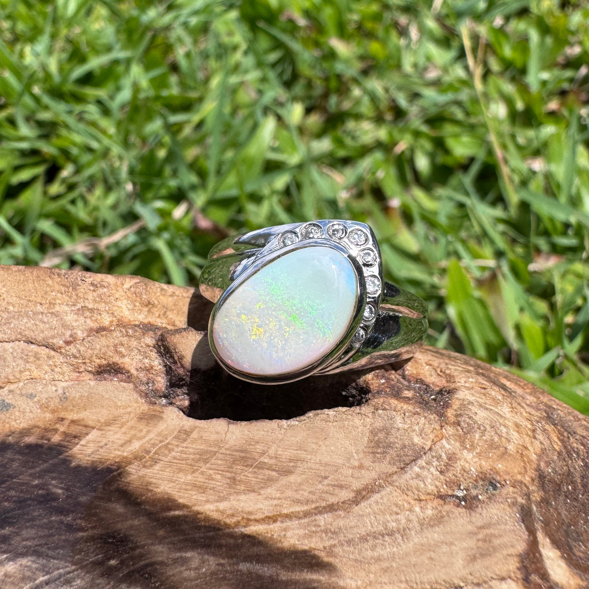 2.5ct Coober Pedy Opal & Cubic Zirconia Ring ~ 'Mount Field Greens' | 925 Sterling Silver | Solid Australian Opal