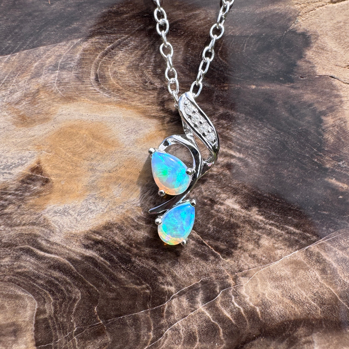 0.5ct Lightning Ridge Crystal Opal & Diamond Pendant Necklace ~ 'Mossman Gorge Blues' | 14ct White Gold | Solid Australian Opal