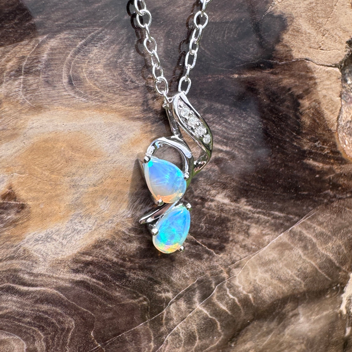 0.5ct Lightning Ridge Crystal Opal & Diamond Pendant Necklace ~ 'Mossman Gorge Blues' | 14ct White Gold | Solid Australian Opal