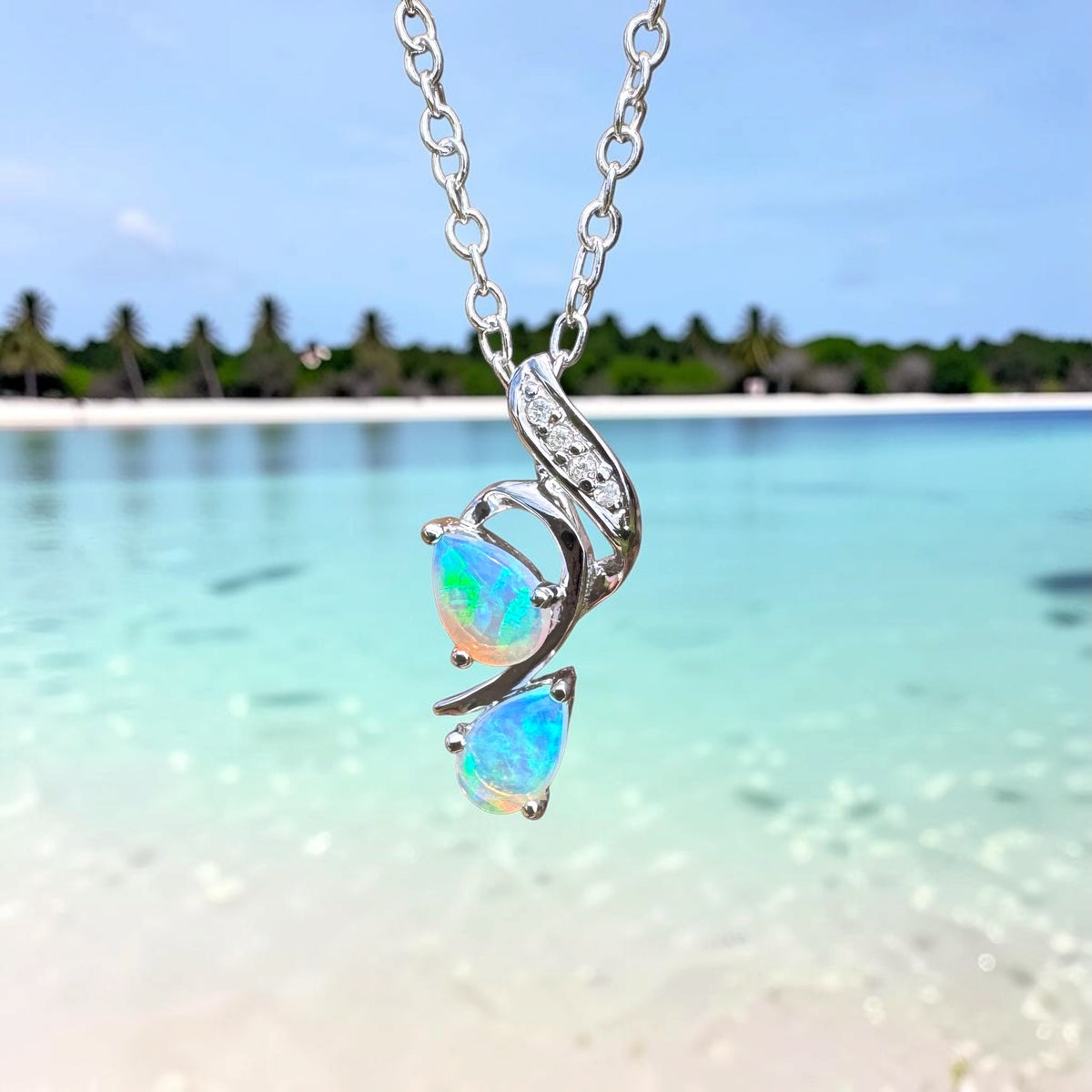 0.5ct Lightning Ridge Crystal Opal & Diamond Pendant Necklace ~ 'Mossman Gorge Blues' | 14ct White Gold | Solid Australian Opal