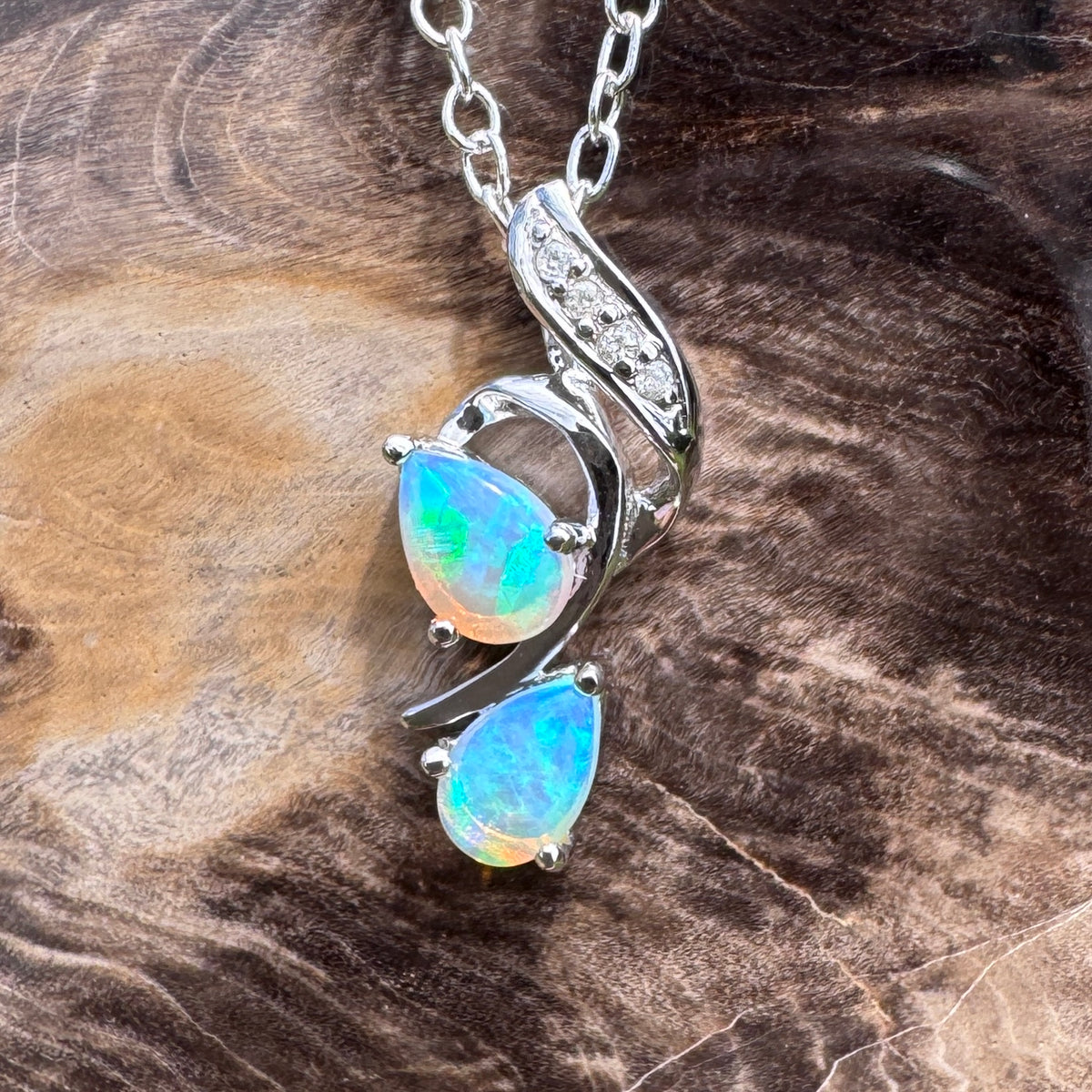 0.5ct Lightning Ridge Crystal Opal & Diamond Pendant Necklace ~ 'Mossman Gorge Blues' | 14ct White Gold | Solid Australian Opal