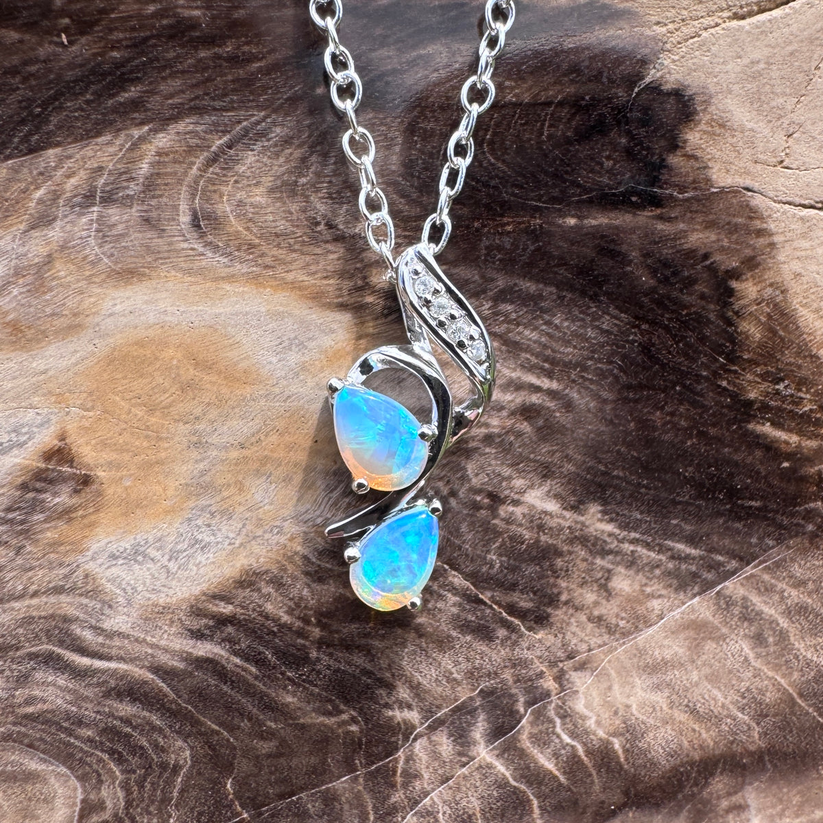 0.5ct Lightning Ridge Crystal Opal & Diamond Pendant Necklace ~ 'Mossman Gorge Blues' | 14ct White Gold | Solid Australian Opal