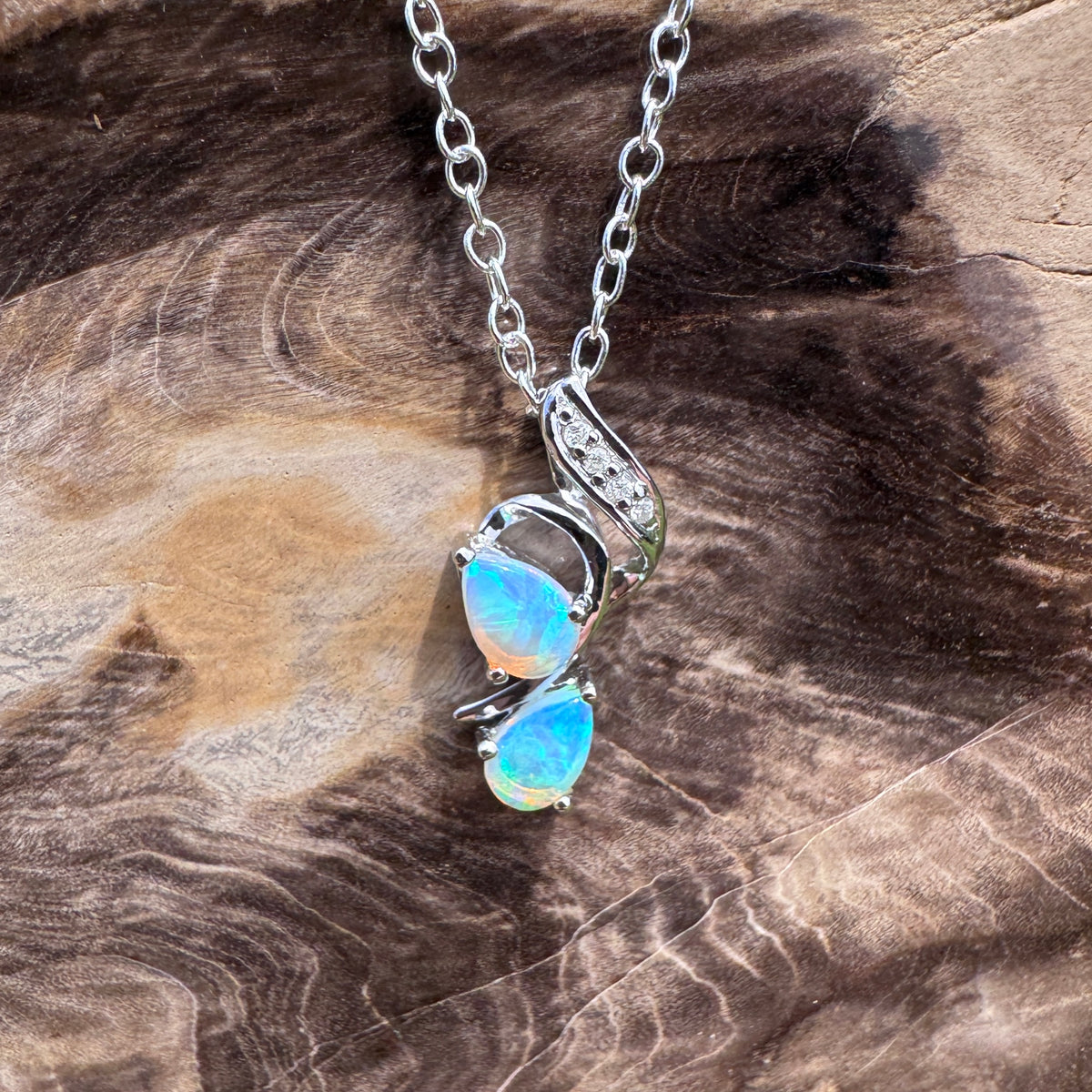 0.5ct Lightning Ridge Crystal Opal & Diamond Pendant Necklace ~ 'Mossman Gorge Blues' | 14ct White Gold | Solid Australian Opal