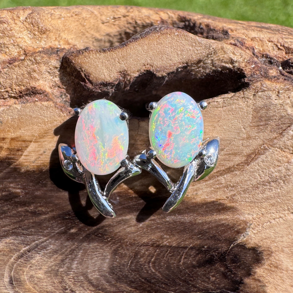 0.8ct Coober Pedy Opal & Cubic Zirconia Flower Earrings ~ 'Apollo Bay Bloom' | 925 Sterling Silver | Solid Australian Opal