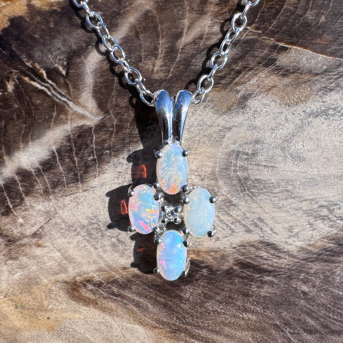 0.6ct Coober Pedy Opal & Diamond Cross Pendant Necklace ~ 'Coorong Cross' | 14ct White Gold | Solid Australian Opal