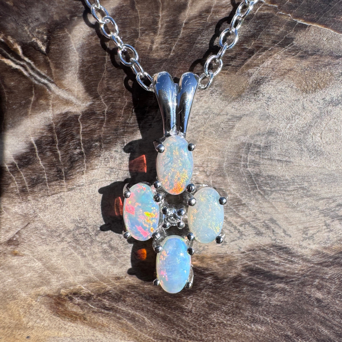 0.6ct Coober Pedy Opal & Diamond Cross Pendant Necklace ~ 'Coorong Cross' | 14ct White Gold | Solid Australian Opal