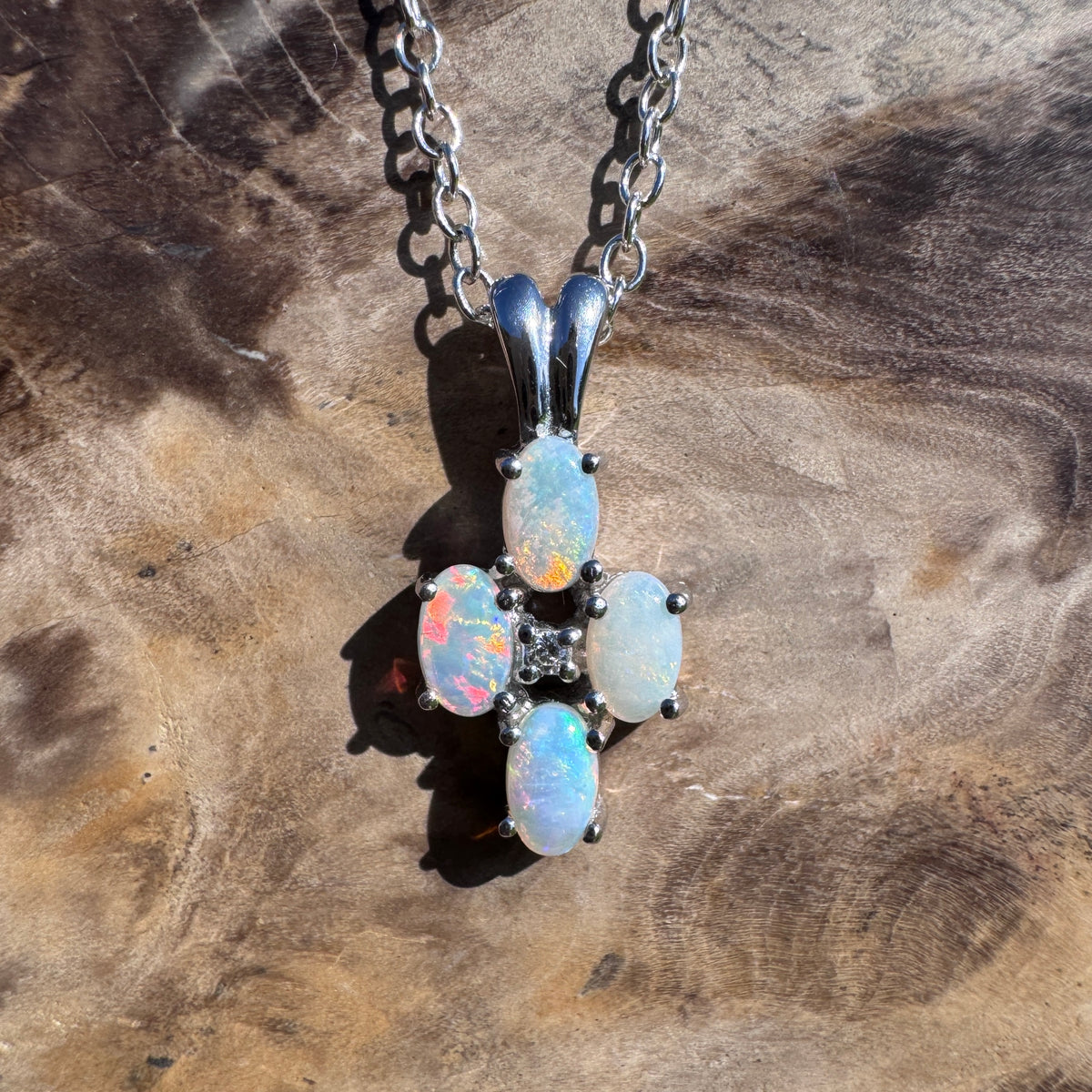 0.6ct Coober Pedy Opal & Diamond Cross Pendant Necklace ~ 'Coorong Cross' | 14ct White Gold | Solid Australian Opal