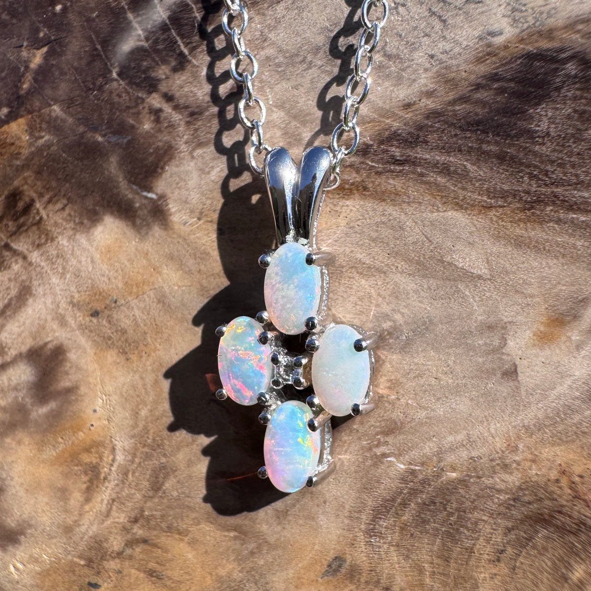 0.6ct Coober Pedy Opal & Diamond Cross Pendant Necklace ~ 'Coorong Cross' | 14ct White Gold | Solid Australian Opal