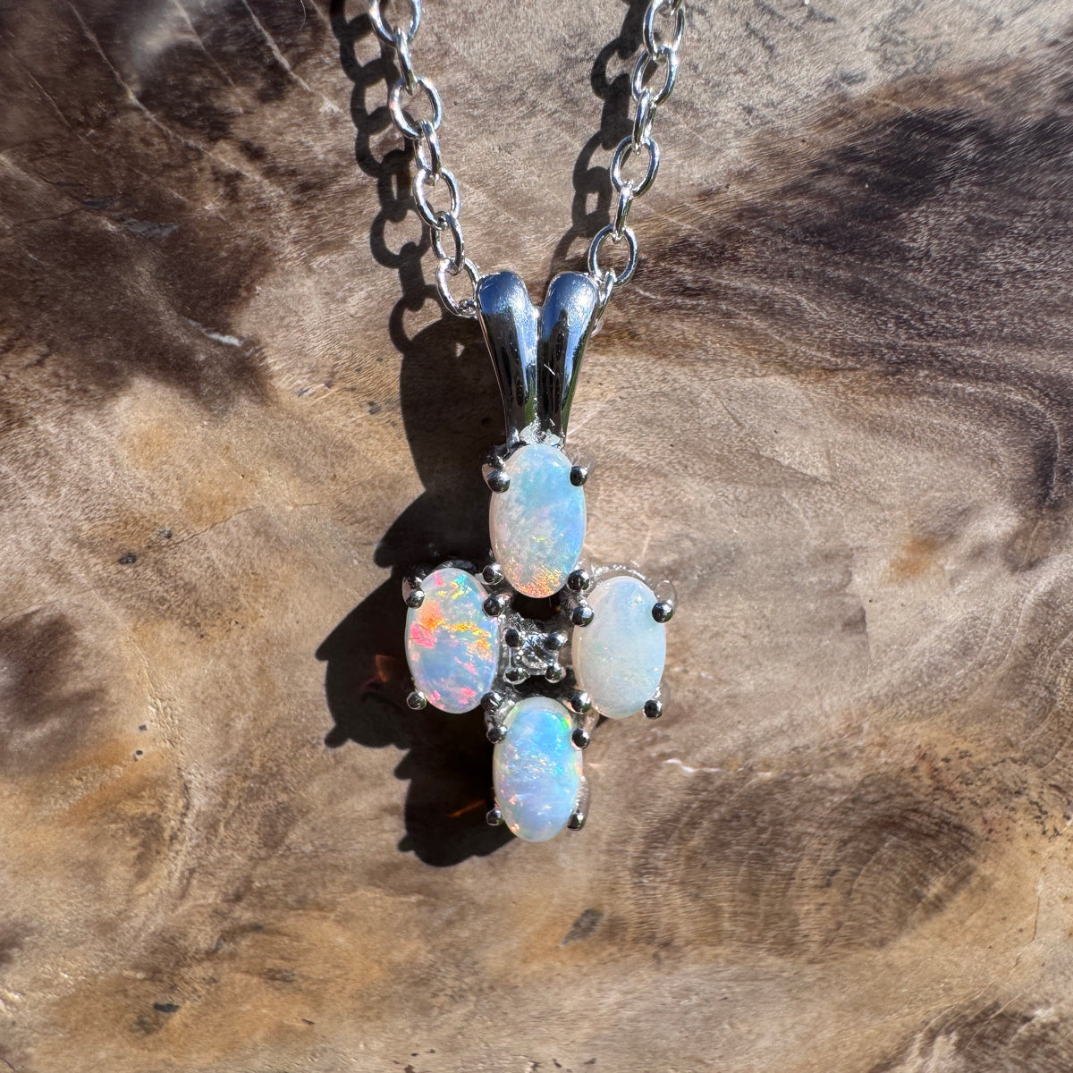 0.6ct Coober Pedy Opal & Diamond Cross Pendant Necklace ~ 'Coorong Cross' | 14ct White Gold | Solid Australian Opal
