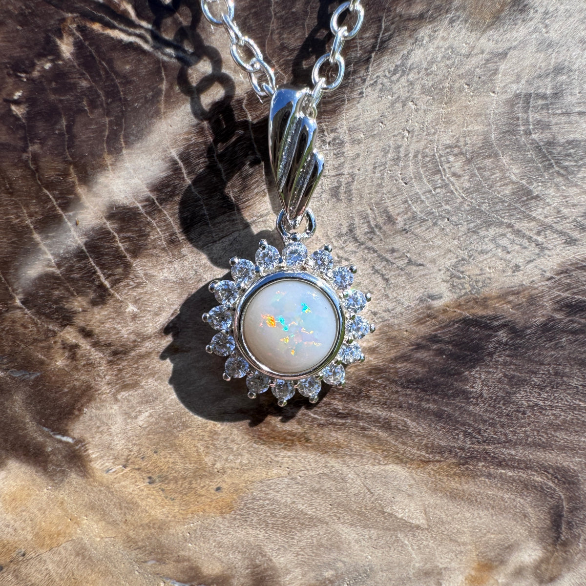 0.4ct Coober Pedy Opal & Cubic Zirconia Halo Pendant Necklace ~ 'Sydney Harbour Halo' | 925 Sterling Silver | Solid Australian Opal