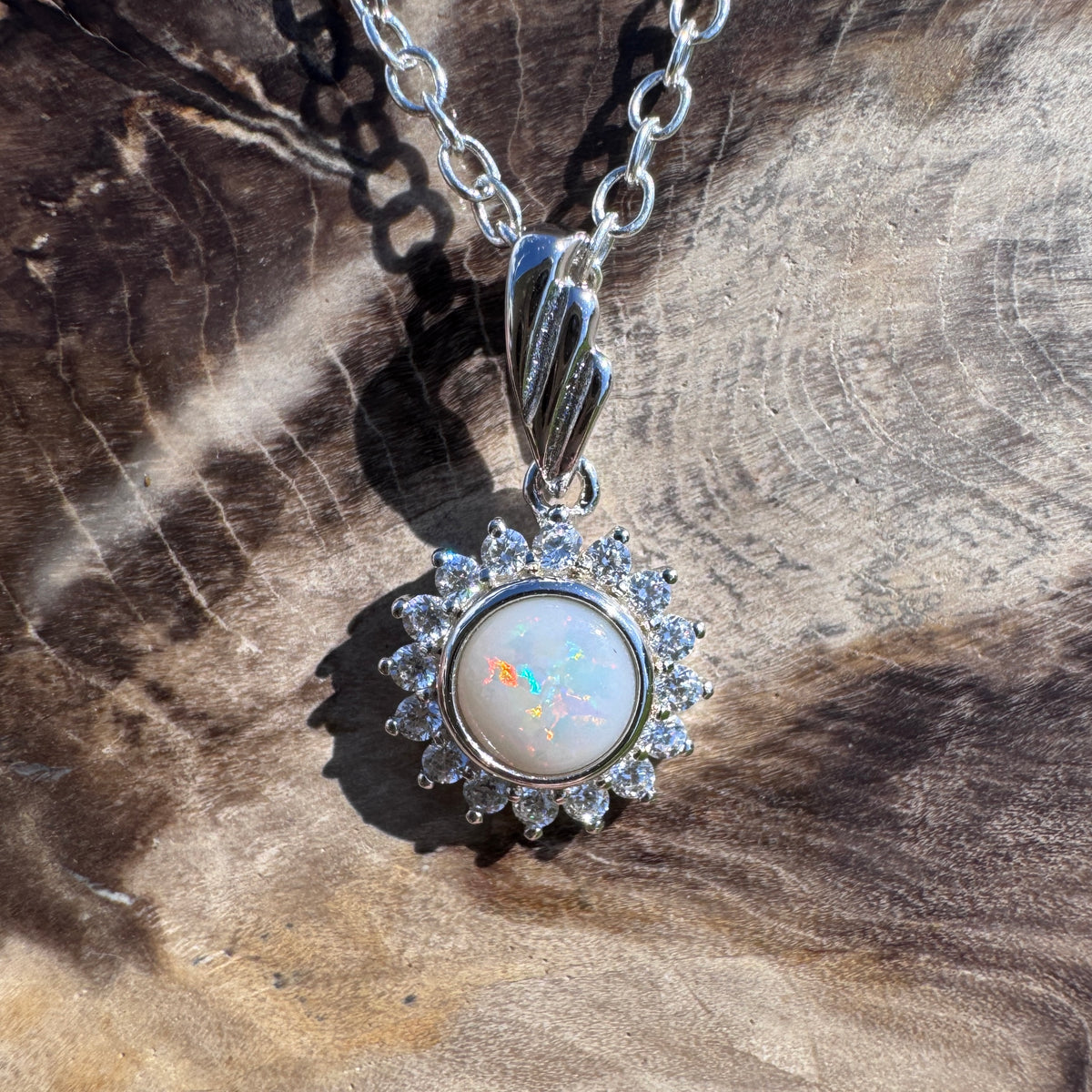 0.4ct Coober Pedy Opal & Cubic Zirconia Halo Pendant Necklace ~ 'Sydney Harbour Halo' | 925 Sterling Silver | Solid Australian Opal