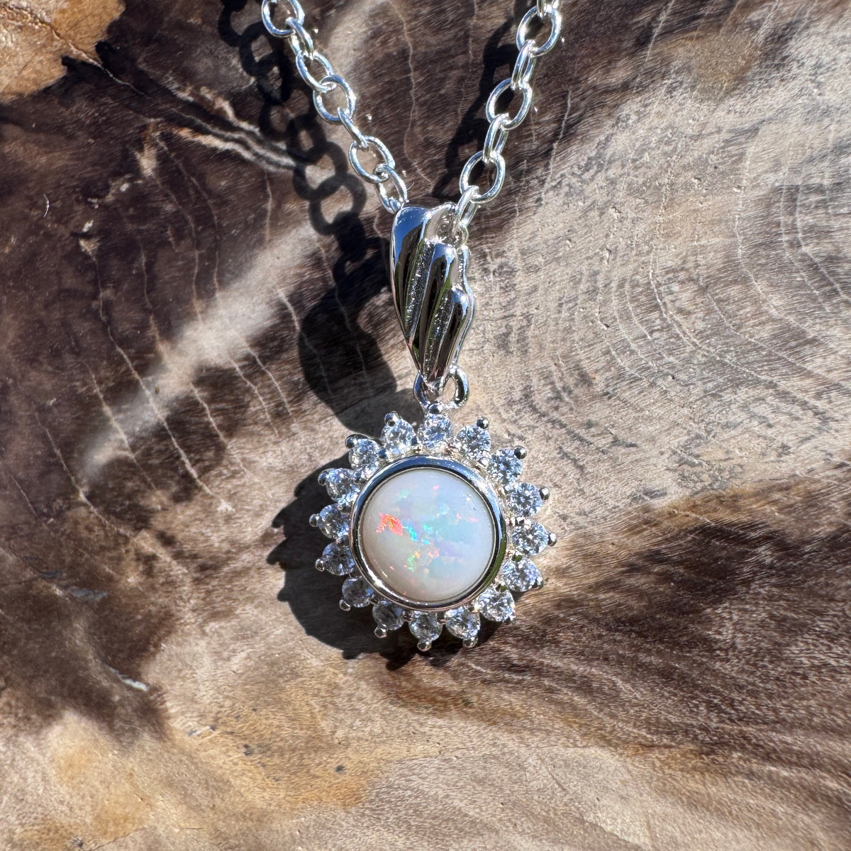 0.4ct Coober Pedy Opal & Cubic Zirconia Halo Pendant Necklace ~ 'Sydney Harbour Halo' | 925 Sterling Silver | Solid Australian Opal