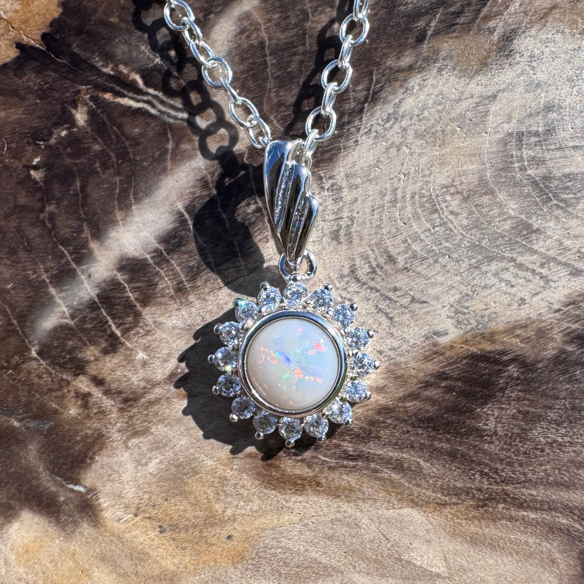 0.4ct Coober Pedy Opal & Cubic Zirconia Halo Pendant Necklace ~ 'Sydney Harbour Halo' | 925 Sterling Silver | Solid Australian Opal