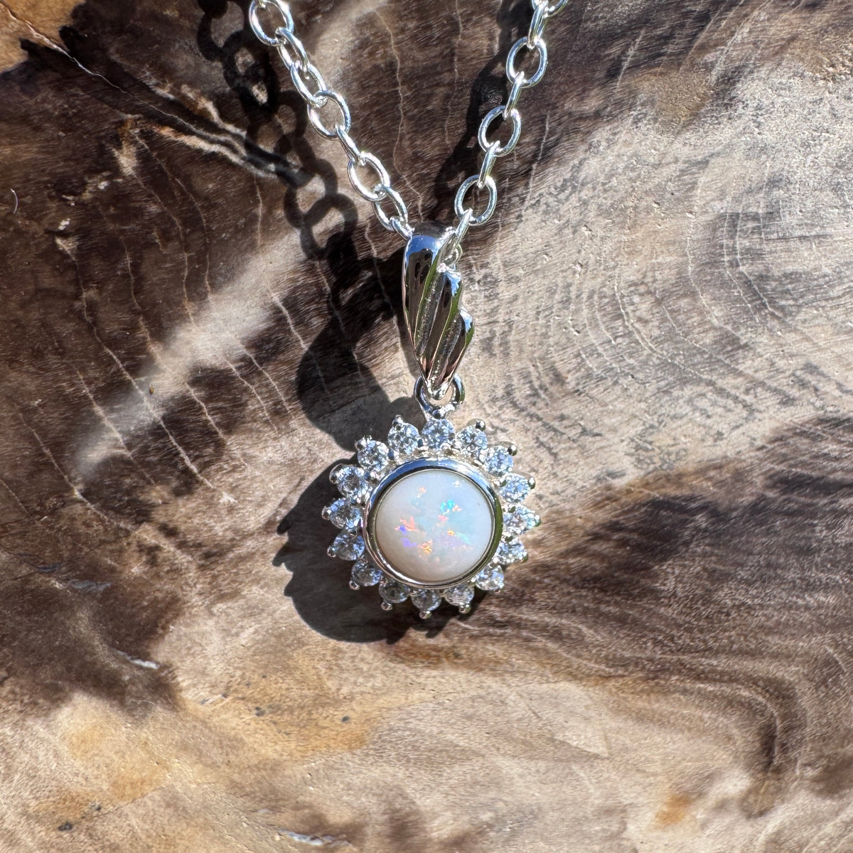 0.4ct Coober Pedy Opal & Cubic Zirconia Halo Pendant Necklace ~ 'Sydney Harbour Halo' | 925 Sterling Silver | Solid Australian Opal