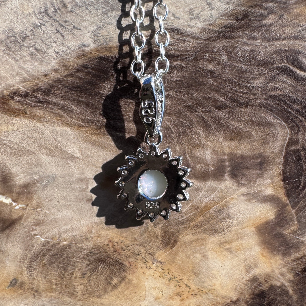 0.4ct Coober Pedy Opal & Cubic Zirconia Halo Pendant Necklace ~ 'Sydney Harbour Halo' | 925 Sterling Silver | Solid Australian Opal