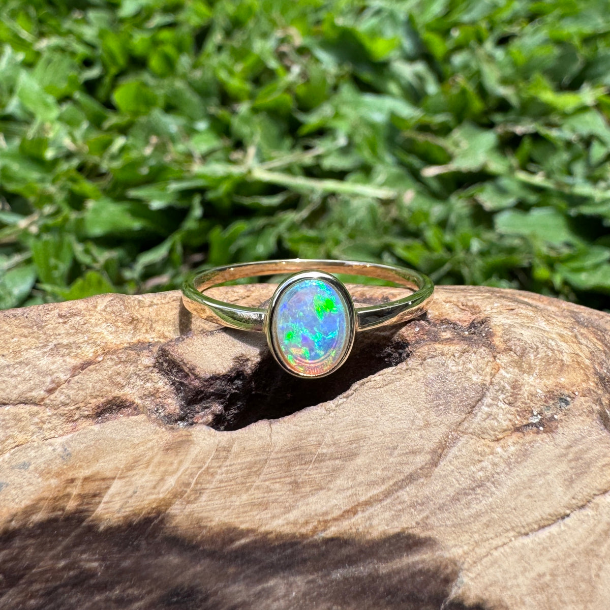 0.7ct Lightning Ridge Crystal Opal Ring ~ 'Hervey Bay Blues' | 9ct Yellow Gold | Solid Australian Opal