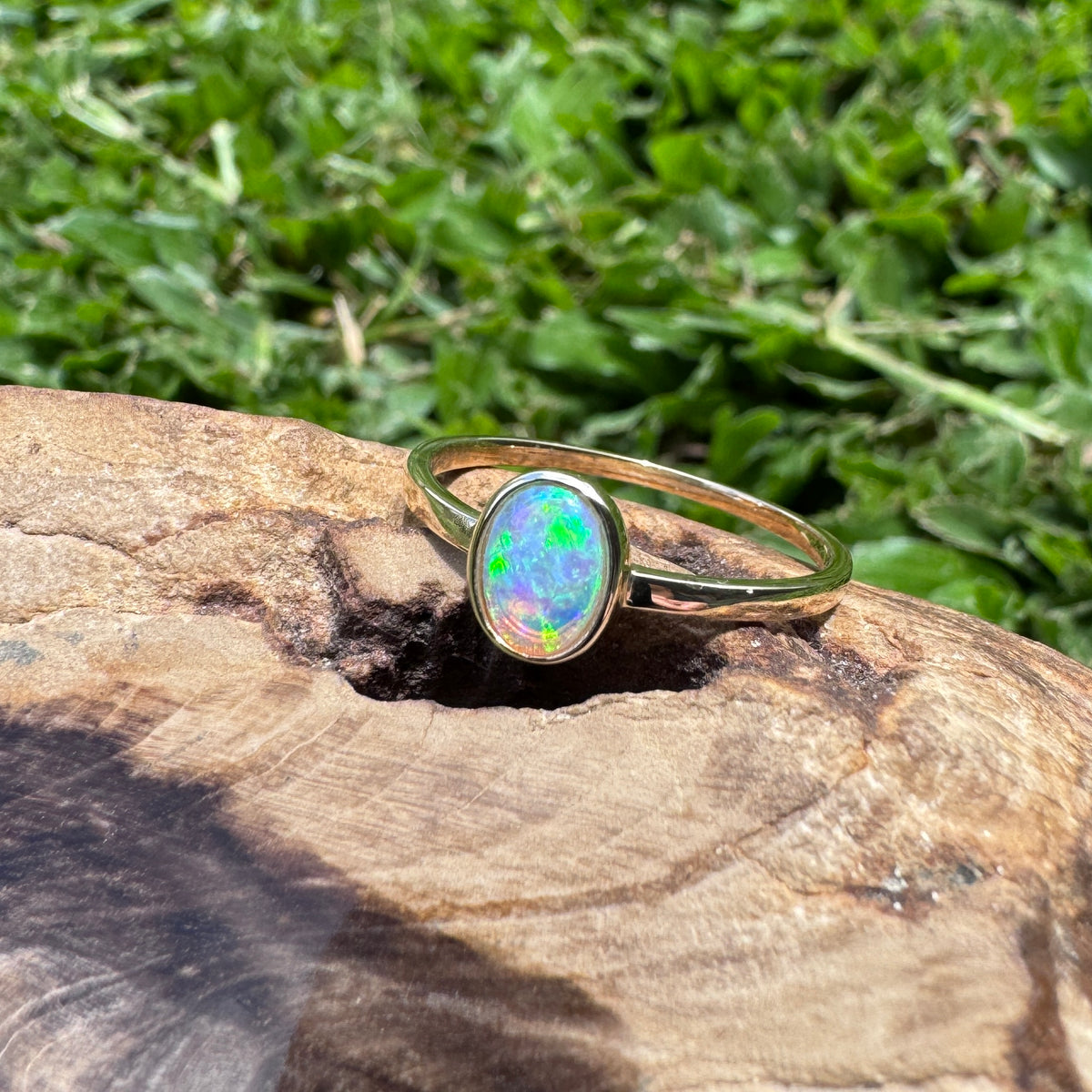 0.7ct Lightning Ridge Crystal Opal Ring ~ 'Hervey Bay Blues' | 9ct Yellow Gold | Solid Australian Opal