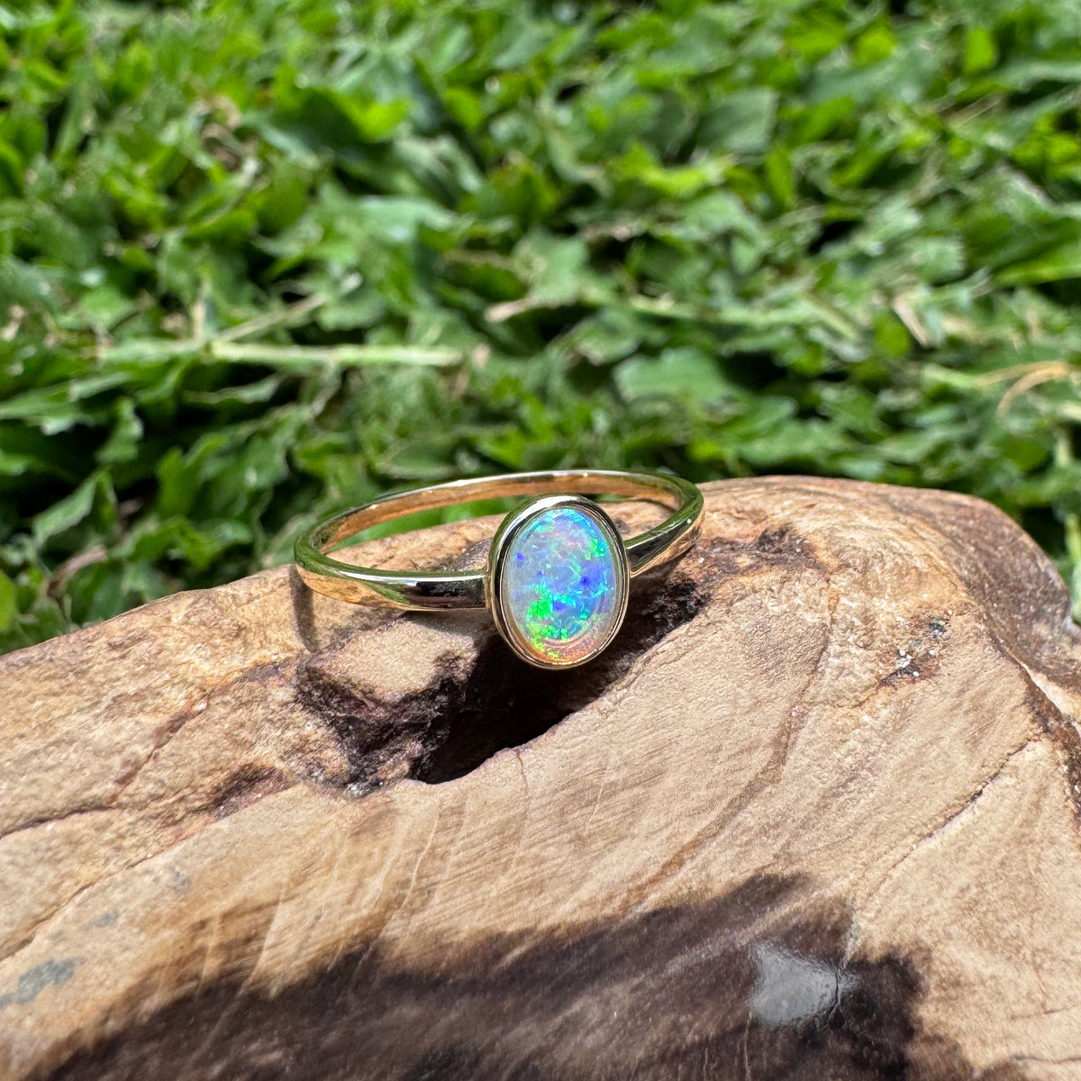 0.7ct Lightning Ridge Crystal Opal Ring ~ 'Hervey Bay Blues' | 9ct Yellow Gold | Solid Australian Opal