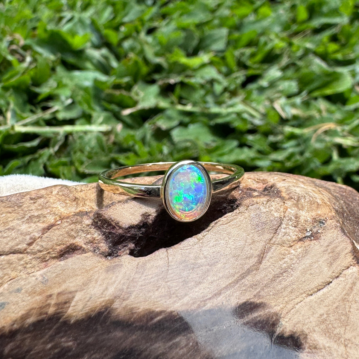 0.7ct Lightning Ridge Crystal Opal Ring ~ 'Hervey Bay Blues' | 9ct Yellow Gold | Solid Australian Opal