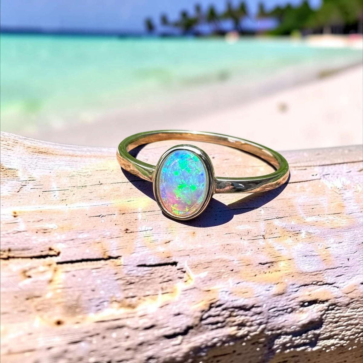 0.7ct Lightning Ridge Crystal Opal Ring ~ 'Hervey Bay Blues' | 9ct Yellow Gold | Solid Australian Opal