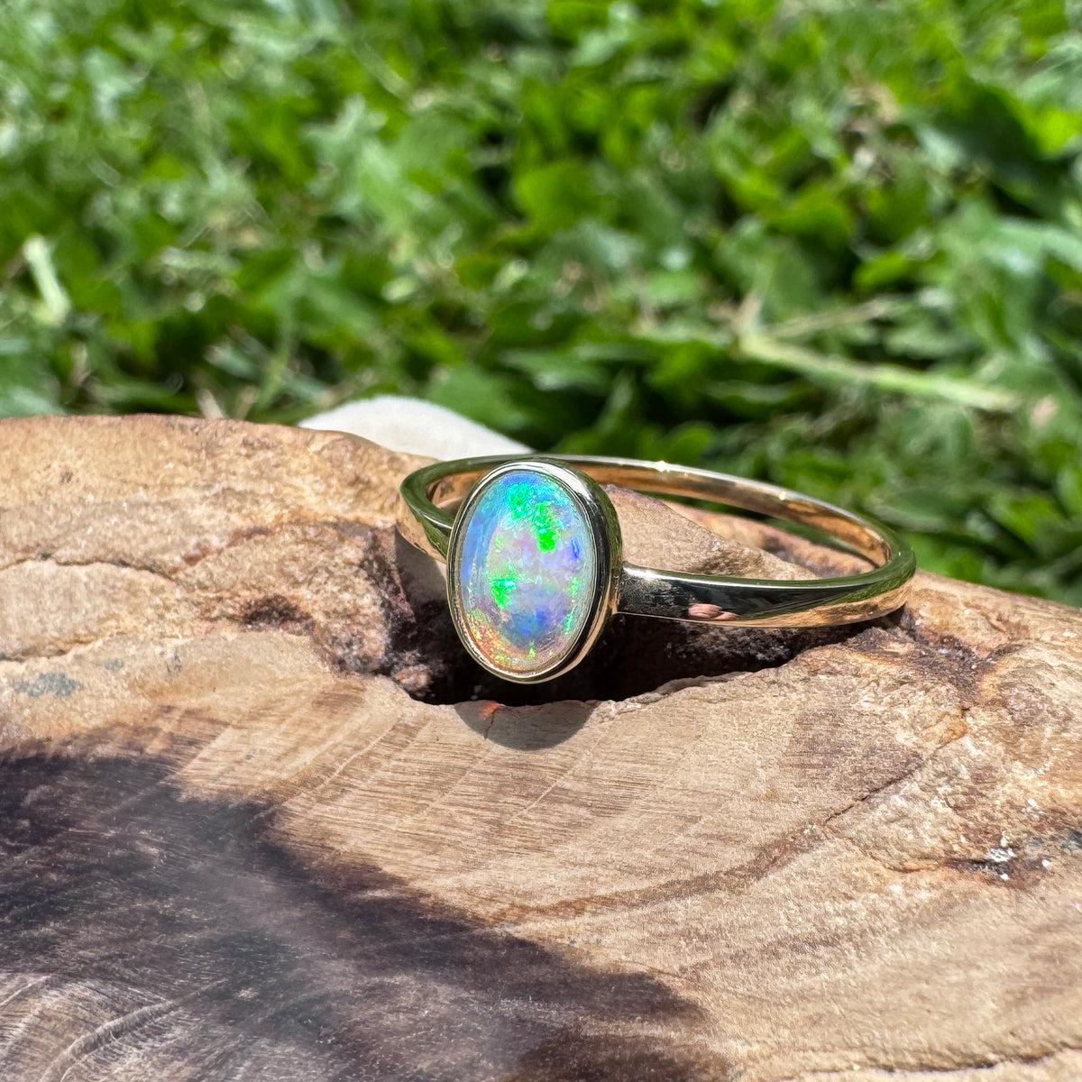 0.6ct Lightning Ridge Crystal Opal Ring ~ 'Wineglass Bay Lights' | 9ct Yellow Gold | Solid Australian Opal