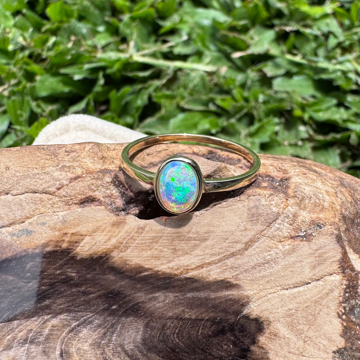 0.6ct Lightning Ridge Crystal Opal Ring ~ 'Wineglass Bay Lights' | 9ct Yellow Gold | Solid Australian Opal