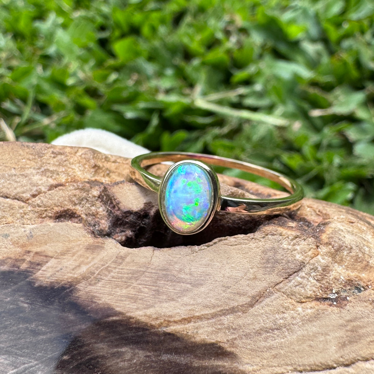 0.6ct Lightning Ridge Crystal Opal Ring ~ 'Wineglass Bay Lights' | 9ct Yellow Gold | Solid Australian Opal