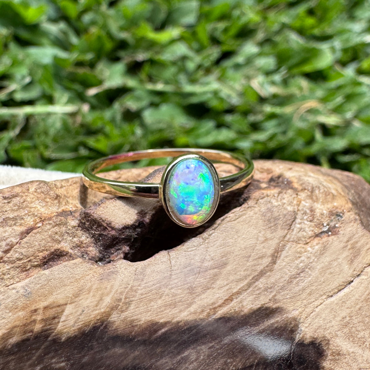 0.6ct Lightning Ridge Crystal Opal Ring ~ 'Wineglass Bay Lights' | 9ct Yellow Gold | Solid Australian Opal