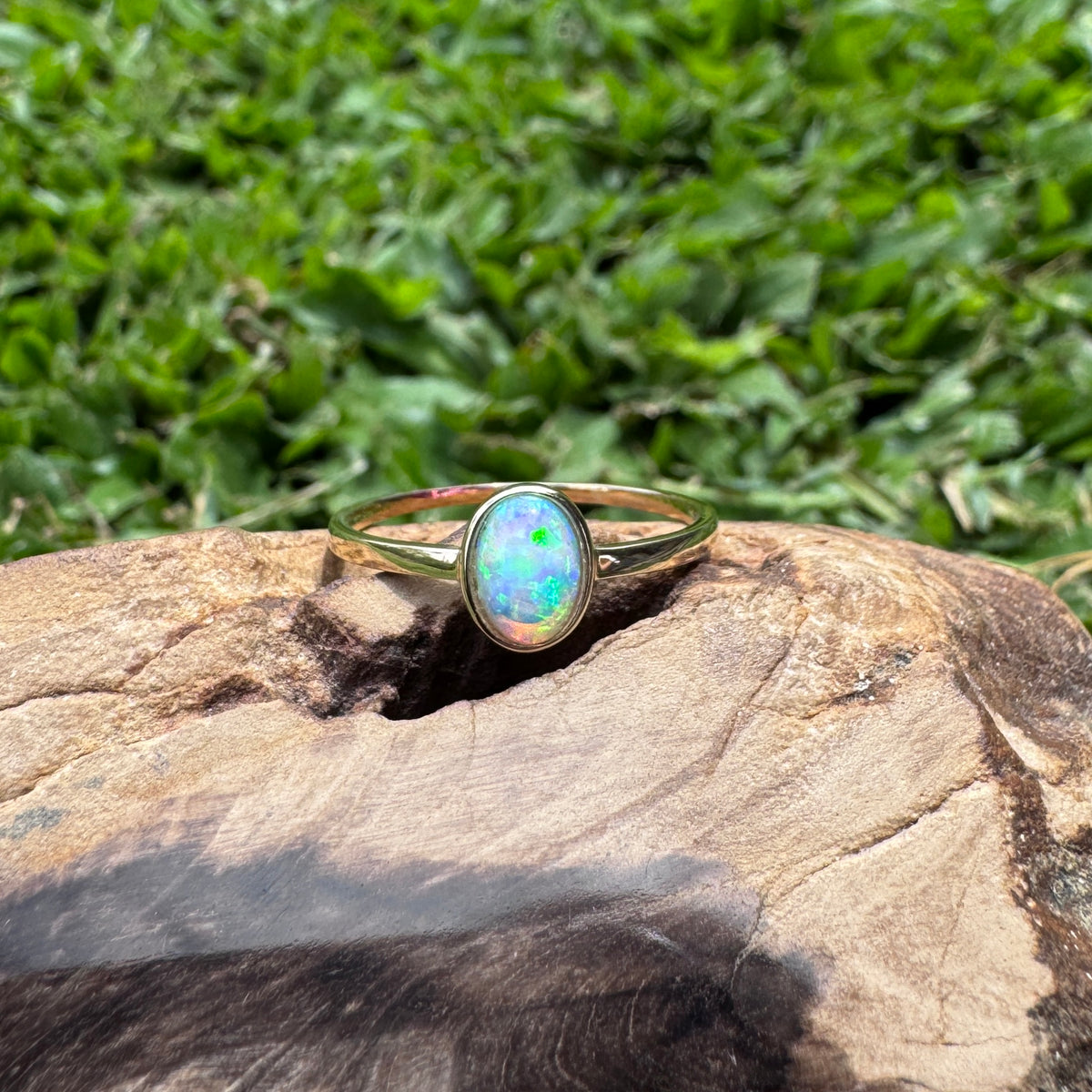 0.6ct Lightning Ridge Crystal Opal Ring ~ 'Wineglass Bay Lights' | 9ct Yellow Gold | Solid Australian Opal