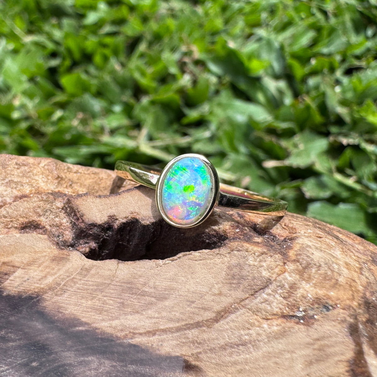 0.6ct Lightning Ridge Crystal Opal Ring ~ 'Wineglass Bay Lights' | 9ct Yellow Gold | Solid Australian Opal