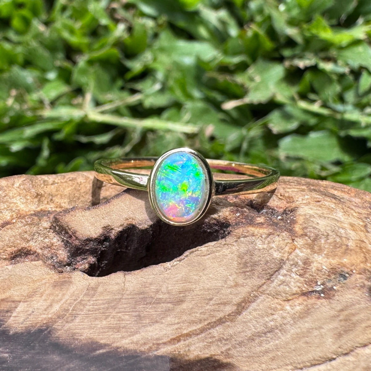0.6ct Lightning Ridge Crystal Opal Ring ~ 'Wineglass Bay Lights' | 9ct Yellow Gold | Solid Australian Opal