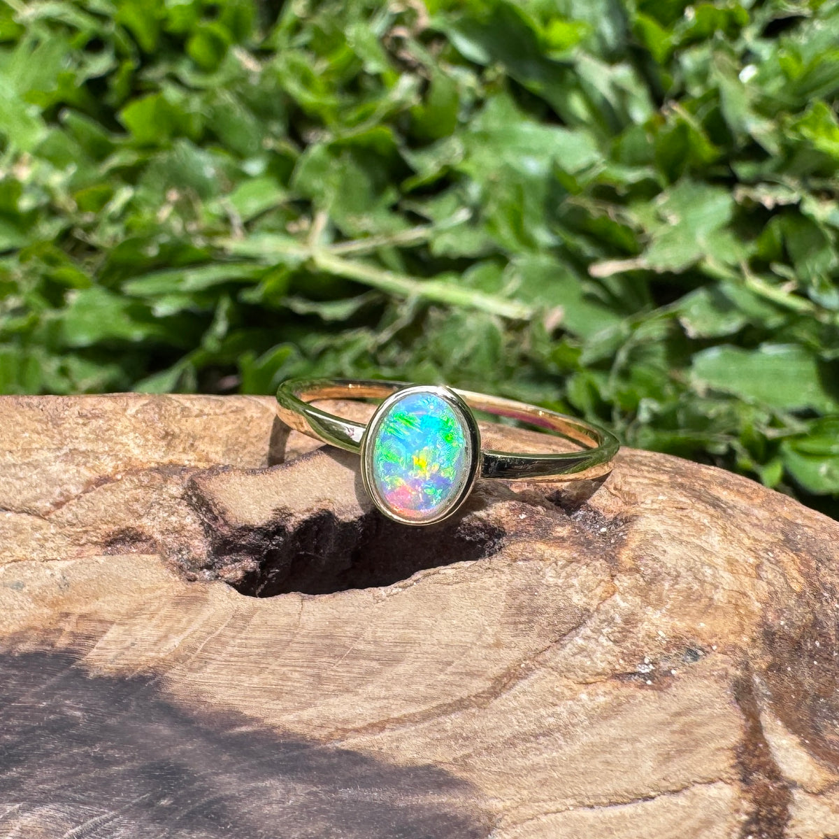 0.6ct Lightning Ridge Crystal Opal Ring ~ 'Wineglass Bay Lights' | 9ct Yellow Gold | Solid Australian Opal