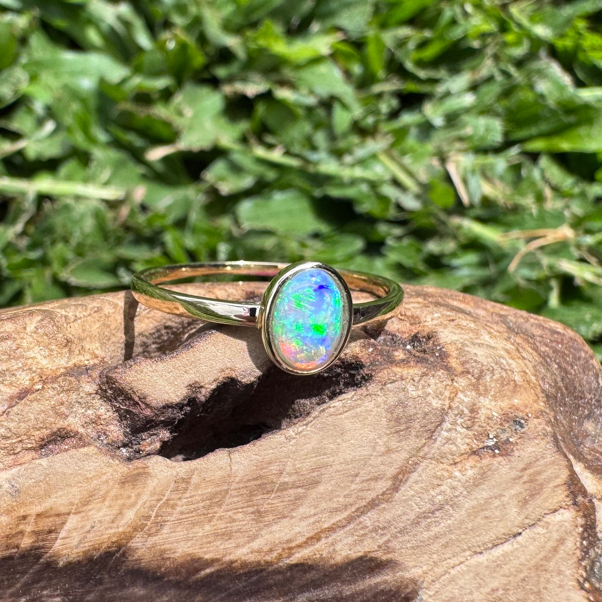 0.6ct Lightning Ridge Crystal Opal Ring ~ 'Wineglass Bay Lights' | 9ct Yellow Gold | Solid Australian Opal