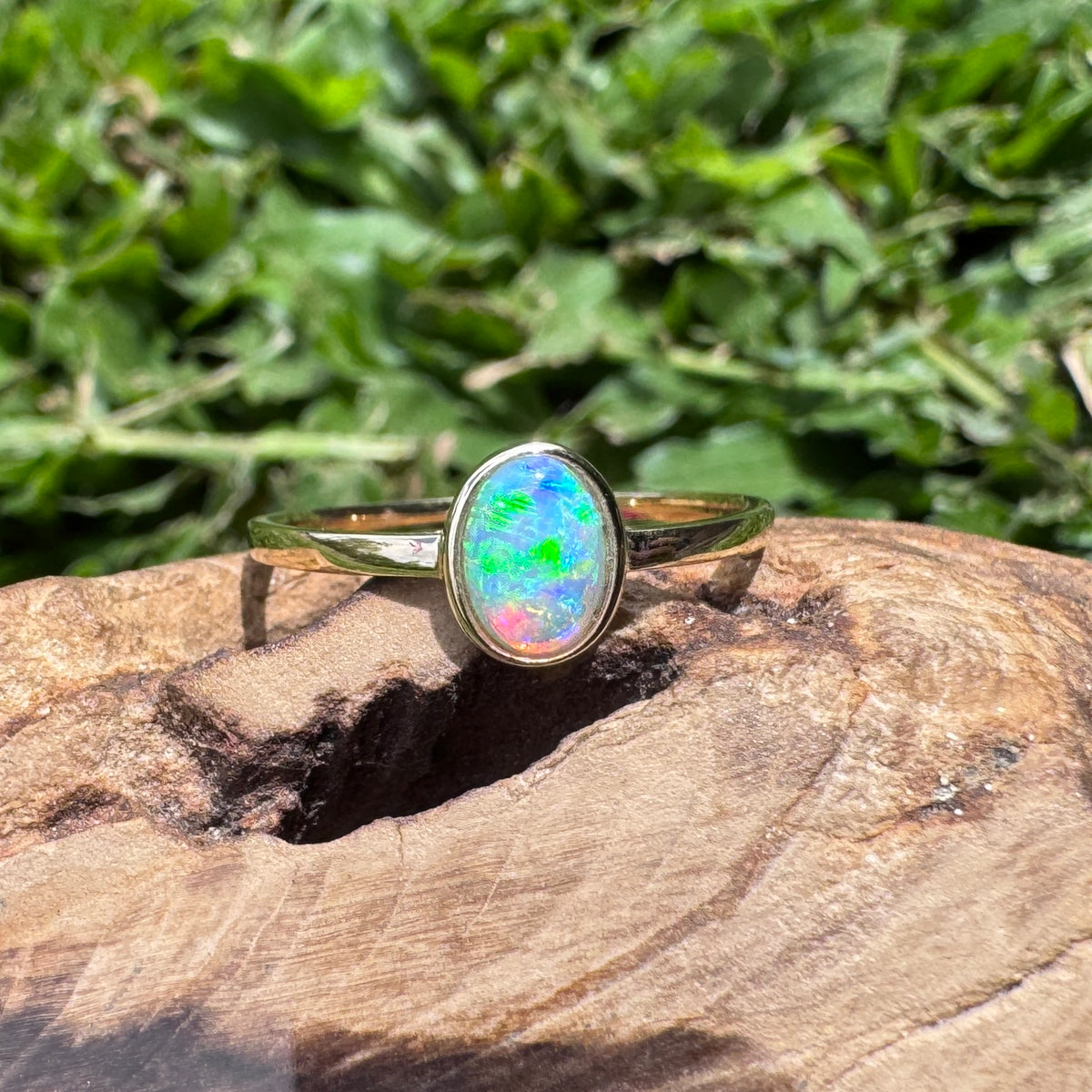 0.6ct Lightning Ridge Crystal Opal Ring ~ 'Wineglass Bay Lights' | 9ct Yellow Gold | Solid Australian Opal