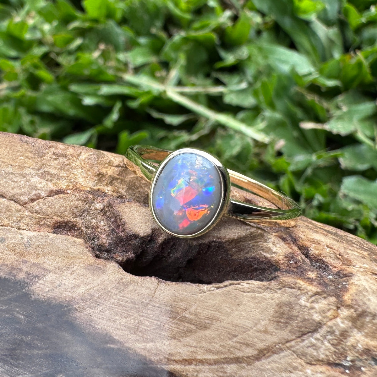 1.1ct Lightning Ridge Semi Black Opal Ring ~ 'Pilbara Firelight' | 9ct Yellow Gold | Solid Australian Opal