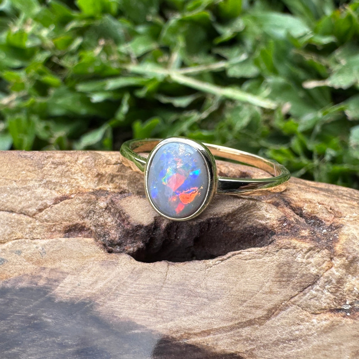 1.1ct Lightning Ridge Semi Black Opal Ring ~ 'Pilbara Firelight' | 9ct Yellow Gold | Solid Australian Opal