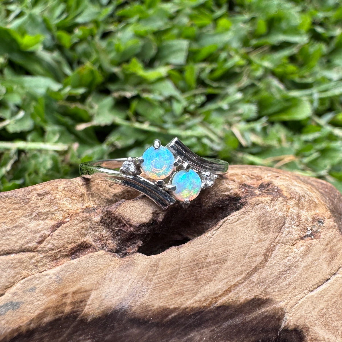 0.4ct Lightning Ridge Crystal Opal Ring ~ 'Phillip Island Twins' | 925 Sterling Silver | Solid Australian Opal