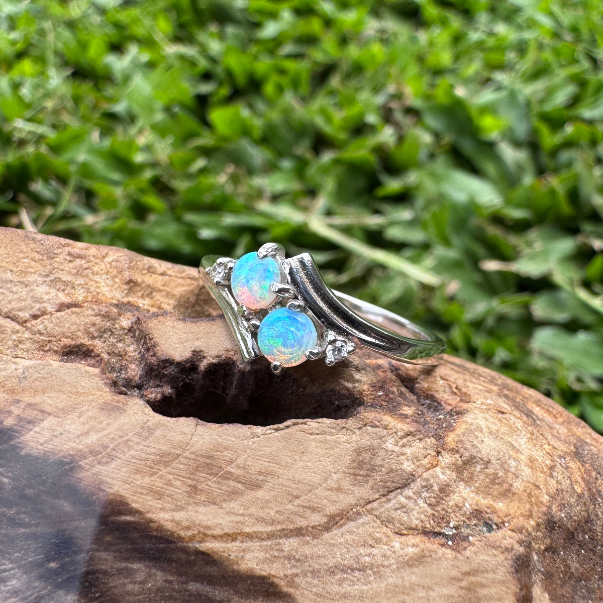 0.4ct Lightning Ridge Crystal Opal Ring ~ 'Phillip Island Twins' | 925 Sterling Silver | Solid Australian Opal