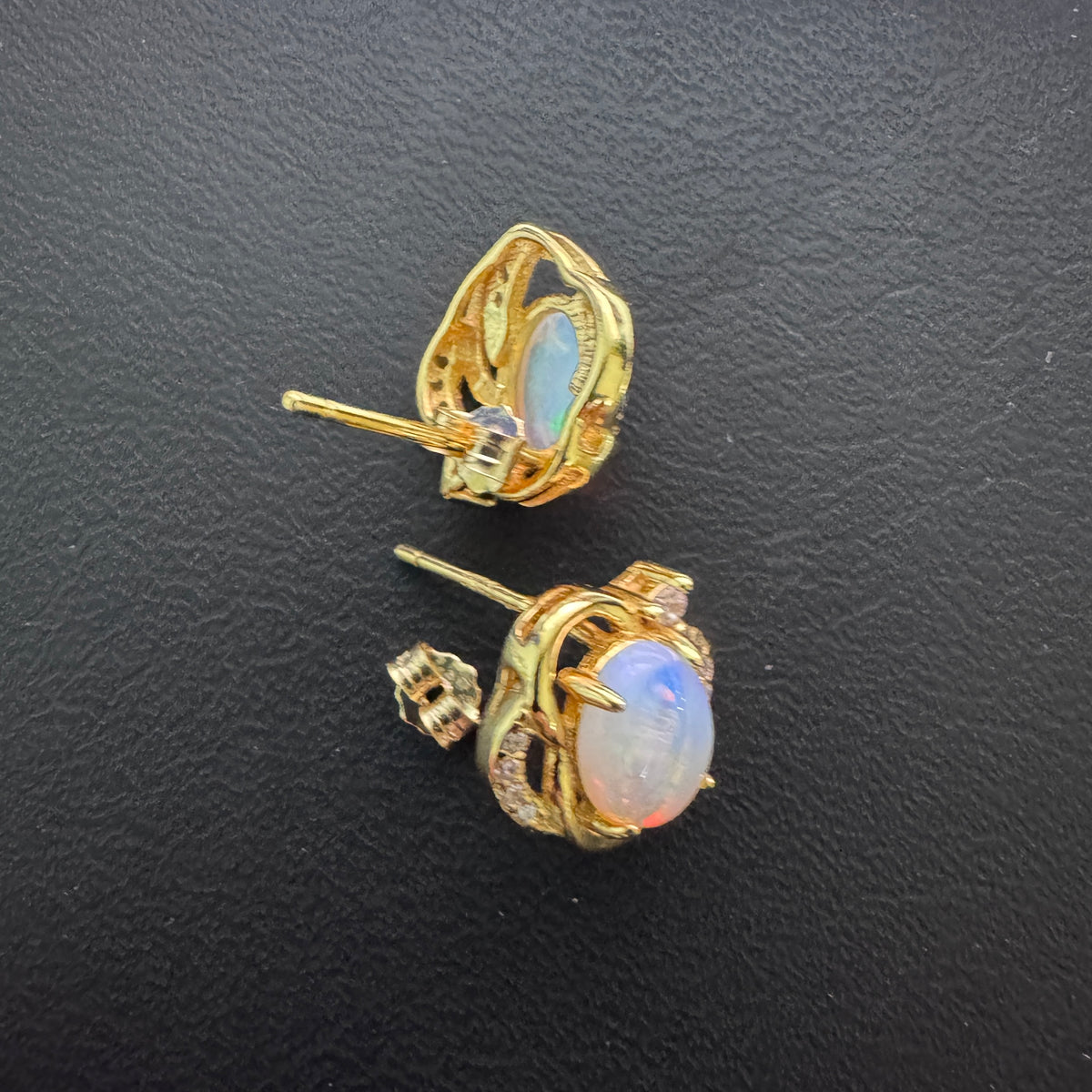 1.3ct Lightning Ridge Opal & Cubic Zirconia Stud Earrings ~ 'Bruny Island Blues' | Yellow Gold Coated 925 Sterling Silver | Solid Australian Opal