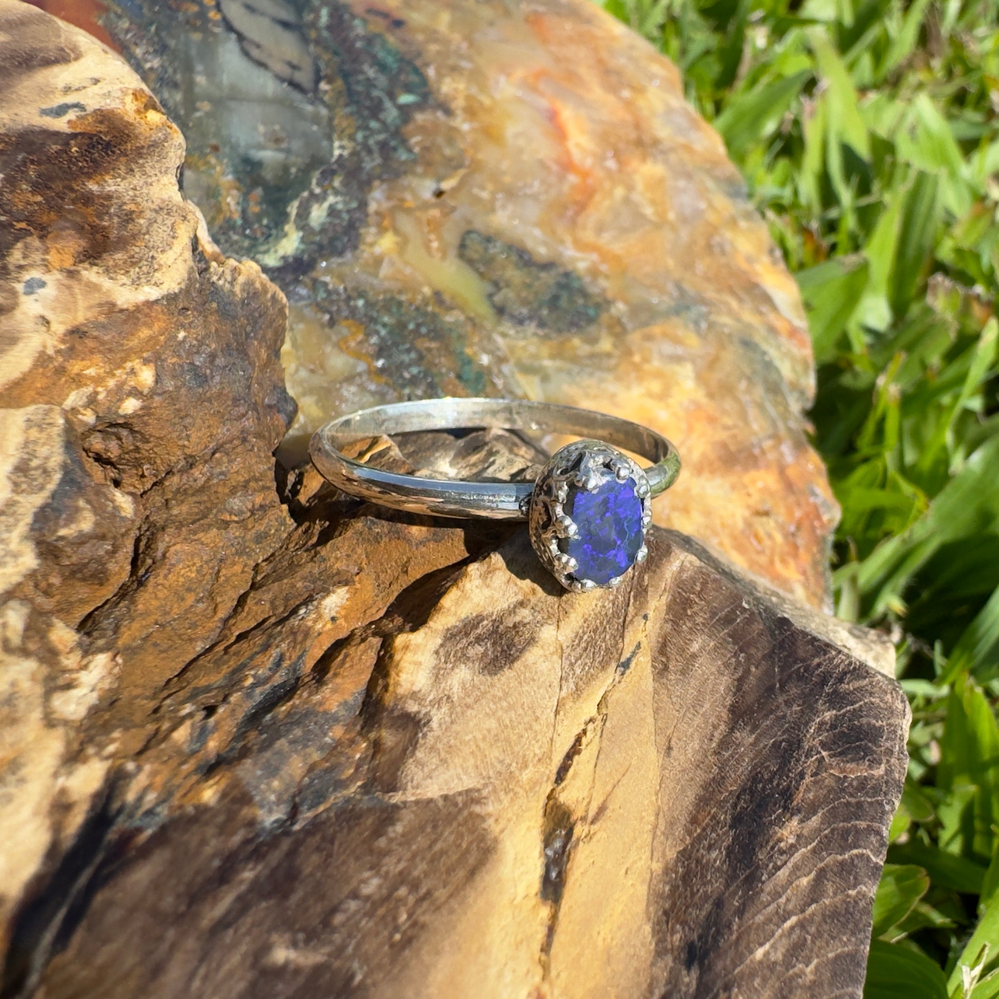 Handcrafted 2.0ct Solid Lighting Ridge Semi-Black Opal Sterling Silver Ring - Iona Opal Australia