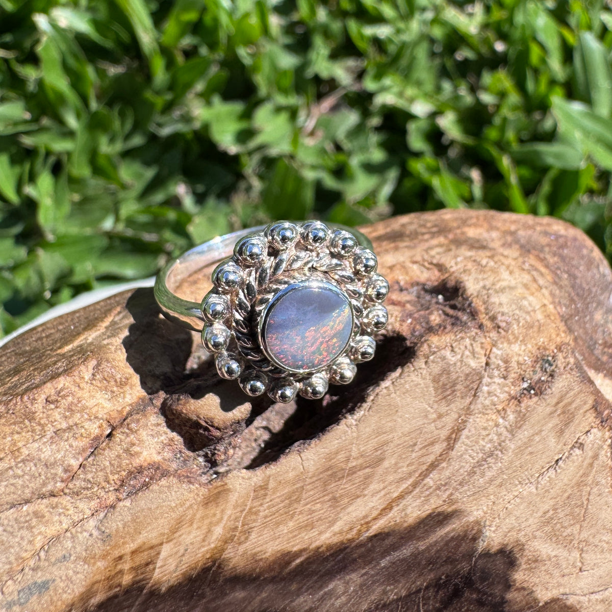0.9ct Lightning Ridge Semi Black Opal Ring ~ 'Kakadu Ember' | 925 Sterling Silver | Solid Australian Opal
