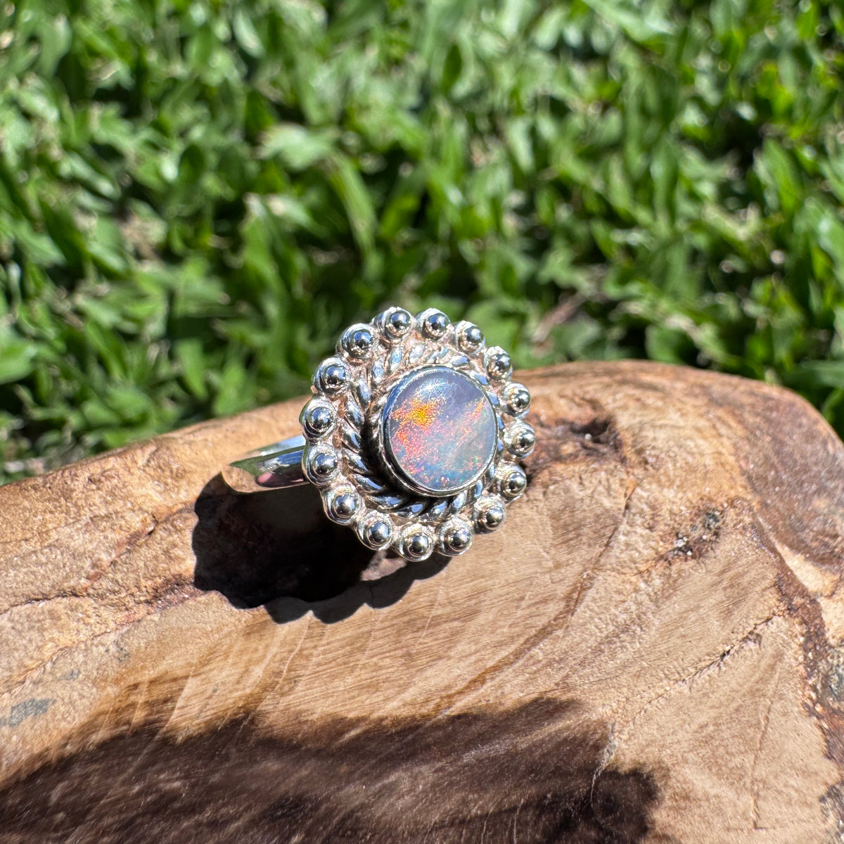 0.9ct Lightning Ridge Semi Black Opal Ring ~ 'Kakadu Ember' | 925 Sterling Silver | Solid Australian Opal