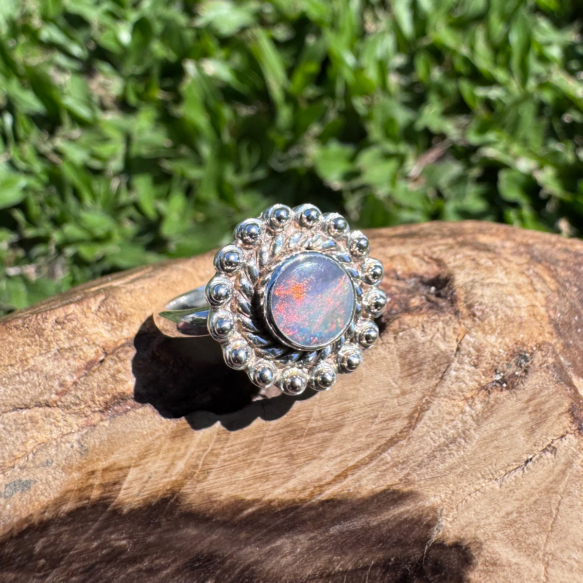 0.9ct Lightning Ridge Semi Black Opal Ring ~ 'Kakadu Ember' | 925 Sterling Silver | Solid Australian Opal