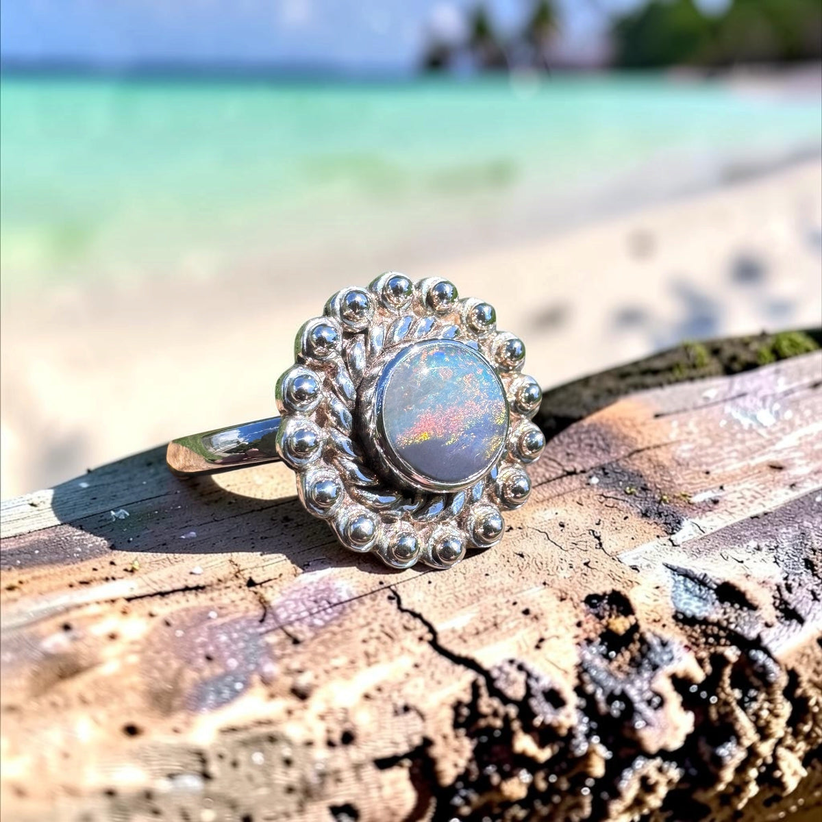0.9ct Lightning Ridge Semi Black Opal Ring ~ 'Kakadu Ember' | 925 Sterling Silver | Solid Australian Opal