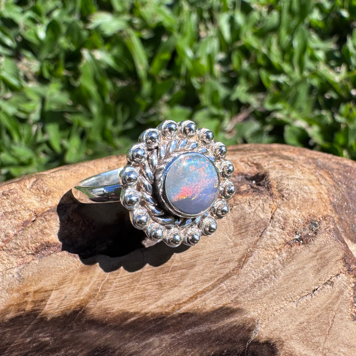 0.9ct Lightning Ridge Semi Black Opal Ring ~ 'Kakadu Ember' | 925 Sterling Silver | Solid Australian Opal