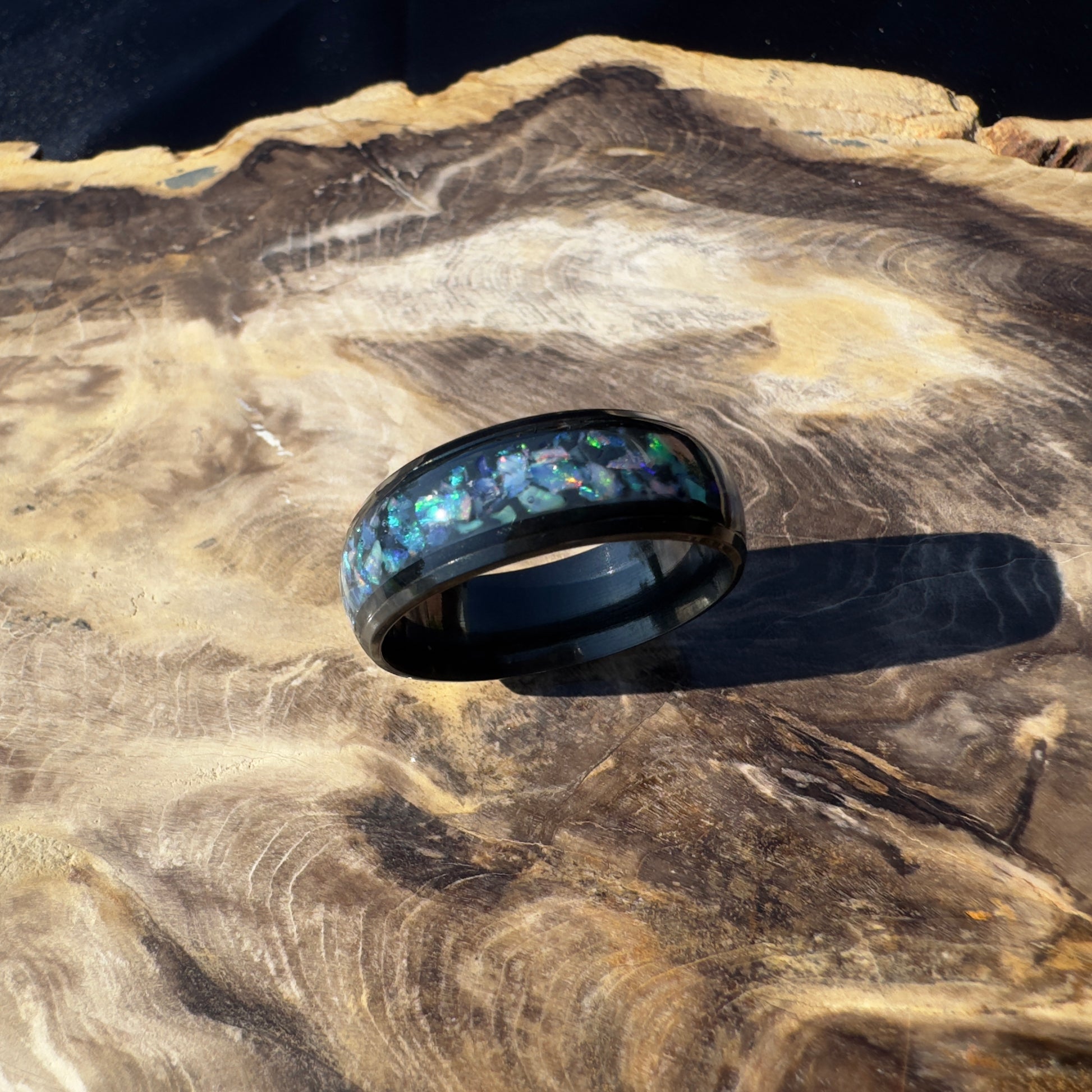 Handmade Australian Opal Ring Black Surgical Steel Size V (10 3/4) - Iona Opal Australia