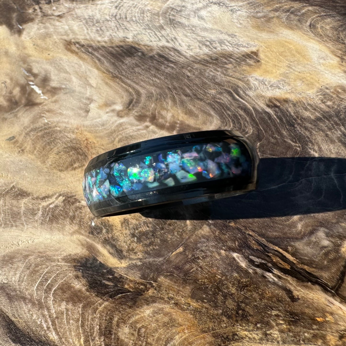 Handmade Australian Opal Ring Black Surgical Steel Size V (10 3/4) - Iona Opal Australia