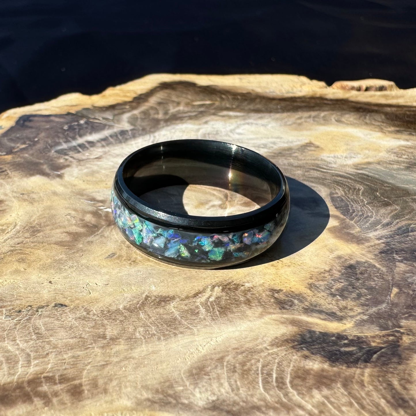 Handmade Australian Opal Ring Black Surgical Steel Size V (10 3/4) - Iona Opal Australia